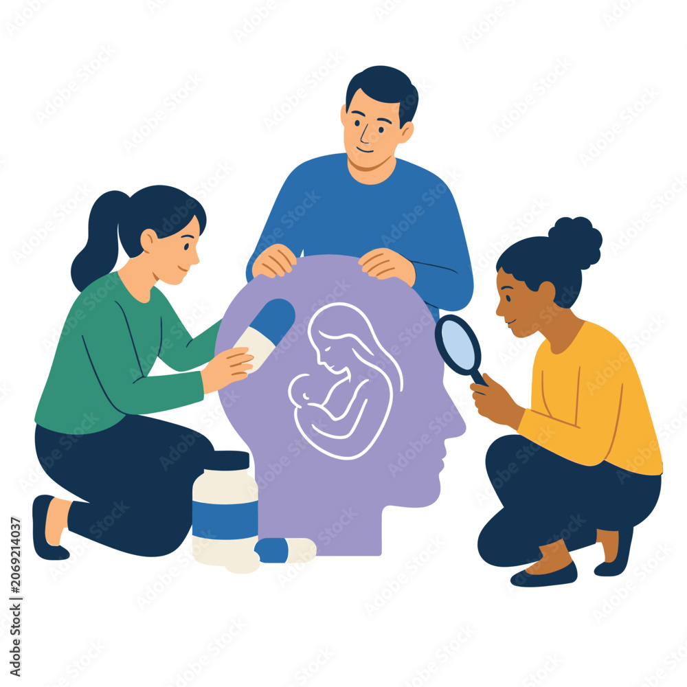 Fototapeta premium Medical professionals examining mental health and postpartum care concepts.