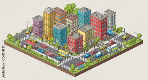Isometric Cityscape: Colorful Buildings, Busy Streets, Urban Life, Transportation