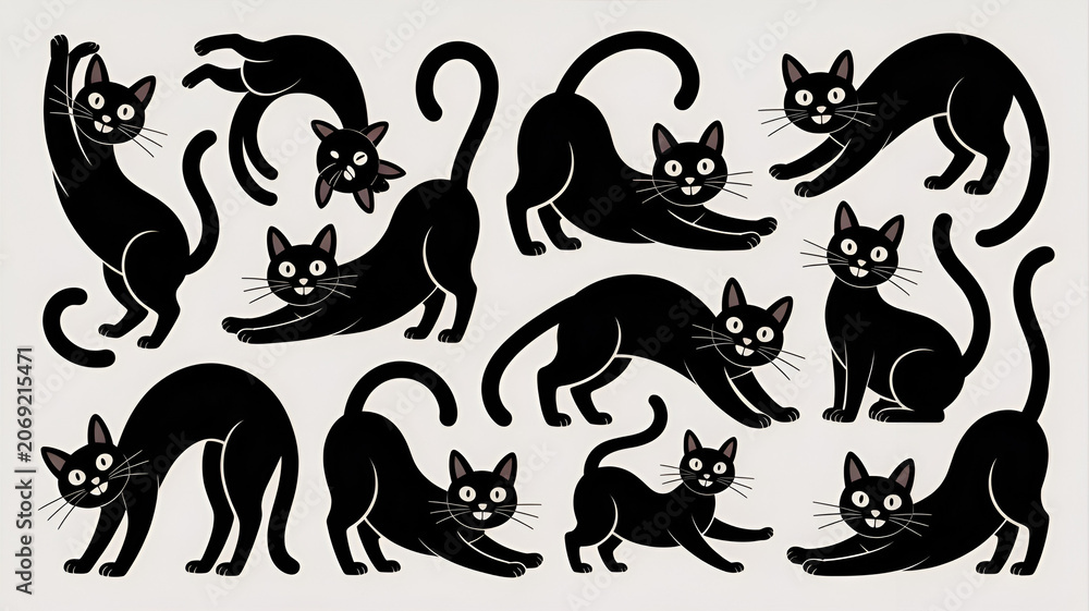 Obraz premium Playful black cats stretching and posing with expressive faces in a whimsical flat illustration style