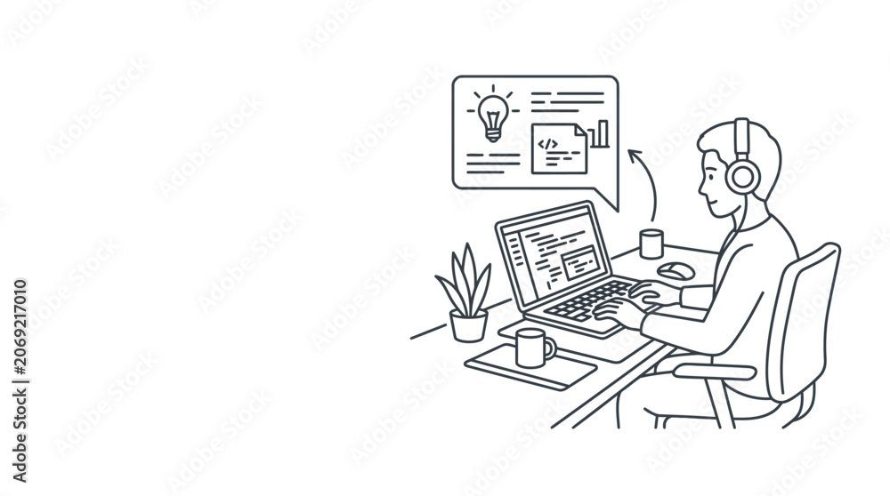 Fototapeta premium A line art illustration of a focused programmer working on a laptop with headphones.