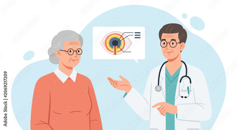 Fototapeta premium Ophthalmologist Explains Eye Anatomy to Senior Patient, Medical Consultation
