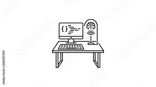 A minimalist line art illustration of a computer workstation featuring artificial intelligence.