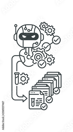 A line art illustration depicting an automated robot processing scientific data and documents.
