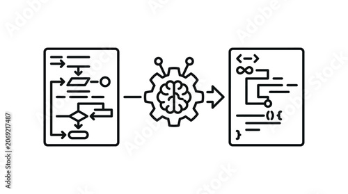 A conceptual illustration showing the transformation of a flowchart into computer code using artificial intelligence.