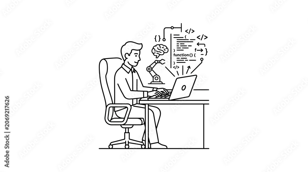 Naklejka premium A professional software developer working on artificial intelligence programming at a desk.