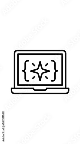 Minimalist line art icon of a laptop computer featuring a sparkling code symbol on the screen.