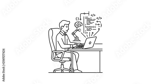 A professional software developer working on artificial intelligence programming at a desk.