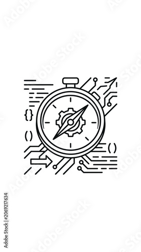 A line art illustration of a compass integrated with digital technology elements.