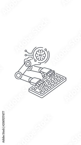 A robotic arm with an artificial intelligence brain symbol typing on a computer keyboard.