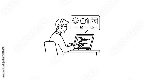A line art illustration of a software developer working on a laptop.