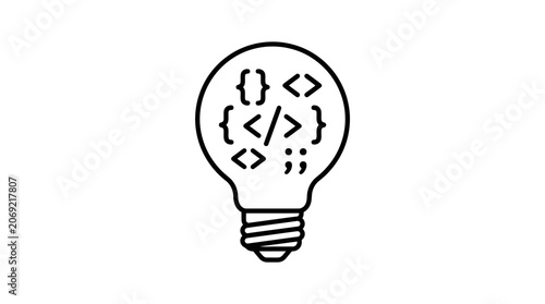 A minimalist line art illustration of a lightbulb containing various programming and coding symbols.