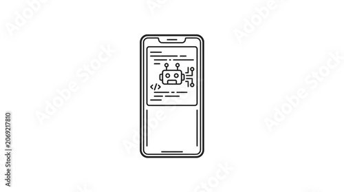 A simple line art illustration of a smartphone displaying a robot icon on its screen.