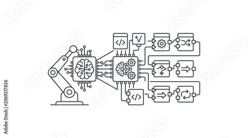 A line art illustration of a robotic arm connected to a complex digital processor and data flow diagram.