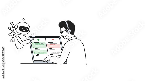 A line art illustration of a software developer collaborating with an artificial intelligence robot on a coding project.