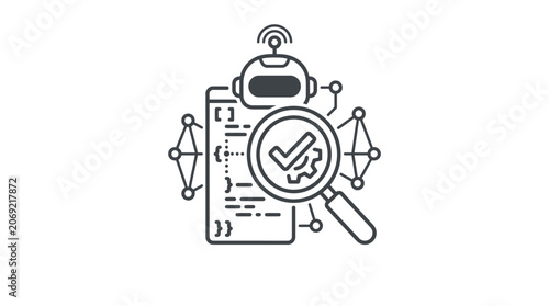A line art illustration of an AI robot inspecting code with a magnifying glass.