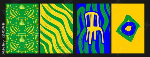 Obraz na płótnie Quad Vertical Card Set Featuring Abstract Waves and Brazil Flag Symbols