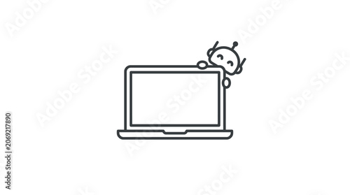 A simple line art illustration of a cute robot peeking over the top of a laptop screen.