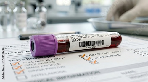 Blood sample tube on medical form with tests requested in lab