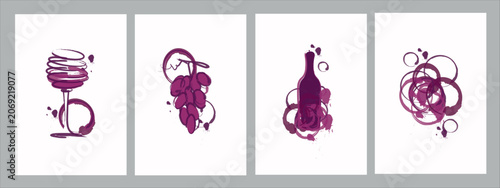 Εκτύπωση καμβά Wine set illustration with abstract wine glass, grape bunch, bottle, and stain rings
