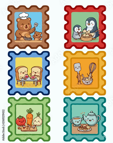 Cute Mama Animal and Kids Cooking Stamps Set featuring Bear and Penguin Chefs