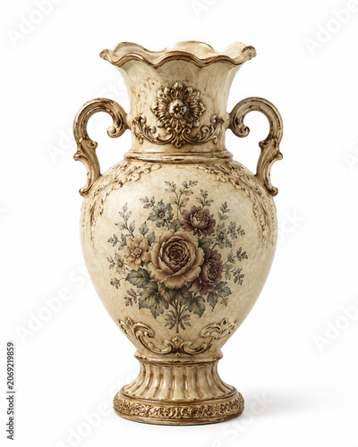 Elegant Antique Ceramic Vase with Floral Ornament Isolated on White Background