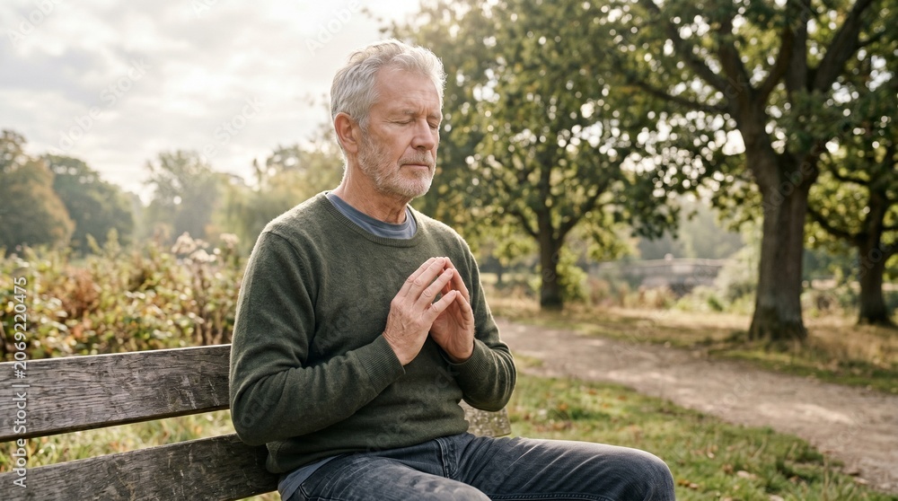 Obraz premium Senior man meditating peacefully on a park bench in autumn sunlight