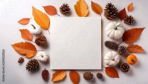 Autumn Themed Flat Lay With Blank Paper Surrounded By Orange Leaves Pinecones And White Pumpkins On A White Background Perfect For Fall Design