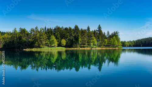 Still Water Of A Lake Reflecting The Trees On Its Shore The Water Is A Deep Blue Color And The Trees Are A Lush Green