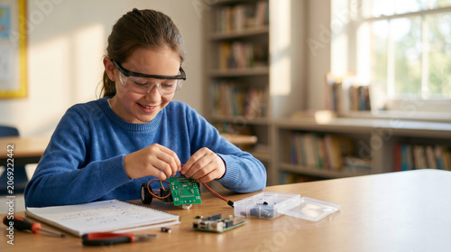 Young student girl wearing safety glasses assembling a DIY robot project in a classroom setting