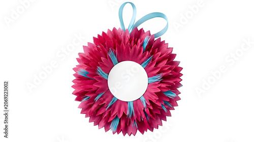 Pink floral craft wreath with blue ribbon decoration handmade decorative celebration ornament creativity interior craftsmanship textured paperwork artistic supplies