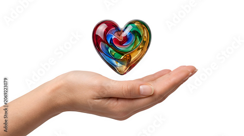 Colorful glass heart held in open hand palm concept with colorful kindness offering romantic donation affection spectrum humanity relationship feelings wellbeing community charitable