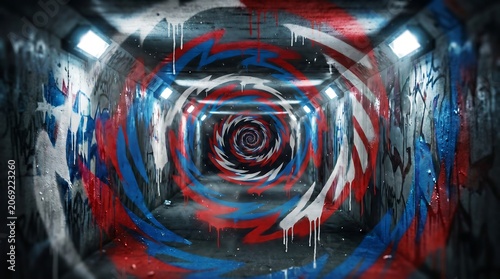 Abstract graffiti tunnel vortex with red and blue spray paint