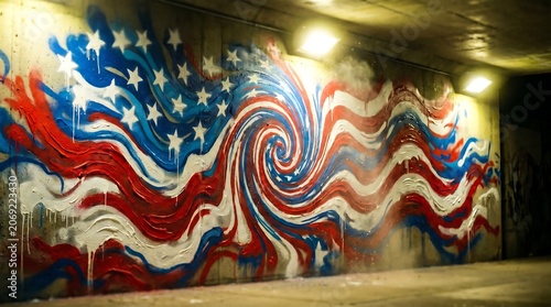 Abstract American flag graffiti mural on concrete tunnel wall with lights