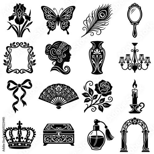 Obraz na plátně Collection of sixteen vintage-themed black and white including a crown, butterfl