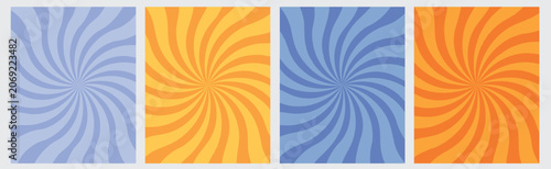Retro Sunburst Spiral Background Set, Vintage Psychedelic Twirl Swirl Pattern Templates, Groovy 70s Style Hypnotic Radial Rays Vector Illustration for Comic Pop Art Poster and Cover Design 