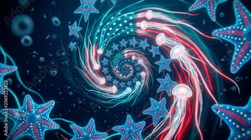 Spiral galaxy background featuring glowing jellyfish and patriotic star patterns