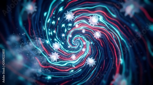 Abstract spiral vortex with glowing blue and red lines, microscopic organisms