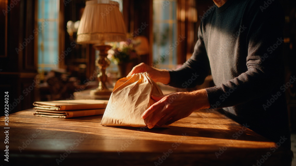 Obraz premium Carefully wrapping a parcel on a wooden table highlights packaging, shipping preparation, ecommerce fulfillment and small business operations.