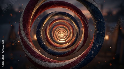 American flag spiral tunnel with fabric texture and glowing center