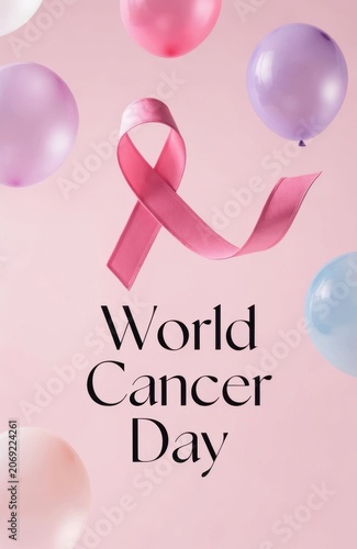 World Cancer Day Awareness with Pink Ribbon and Colorful Balloons on Soft Pink Background