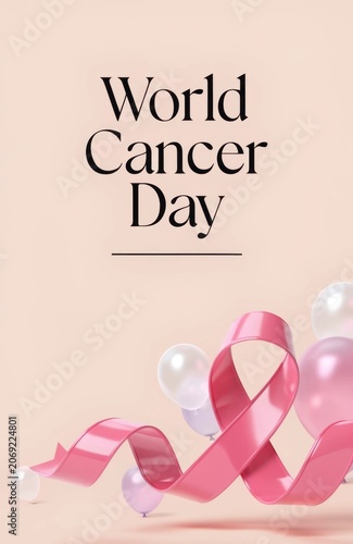 Awareness and Support for World Cancer Day with Pink Ribbon and Balloons on Soft Background