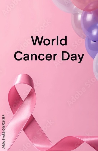 World Cancer Day Awareness Ribbon and Balloons on Pink Background for Health and Hope