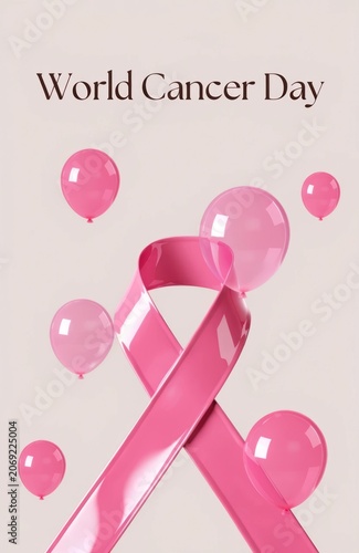 Pink Ribbon and Balloons for World Cancer Day Celebration with Soft Background