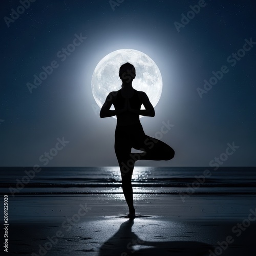 Silhouette of a person practicing yoga on a beach under a full moon.