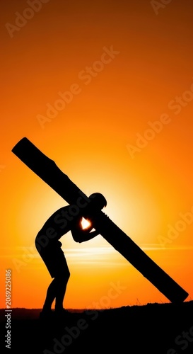Silhouette of a person carrying a large wooden cross against a vibrant sunset sky.
