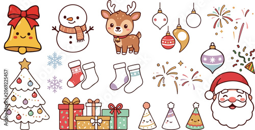  winter festive celebration graphic elements set with cartoon Santa deer snowman christmas tree ornaments stockings party hats and fireworks line art doodle