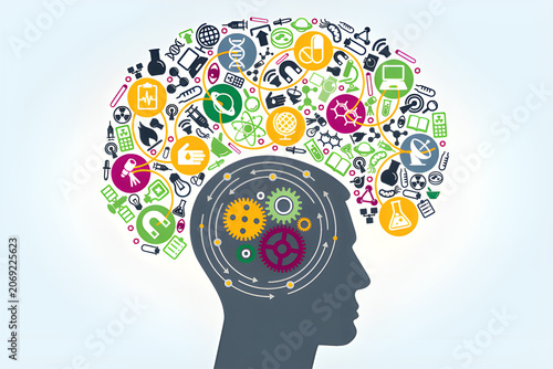 Human Head Silhouette with Science, Technology, and Education Icons Conceptual Illustration