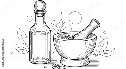 Canvastavla Black and white line art vector illustration of a glass bottle and mortar with pestle for herbal medicine and cooking
