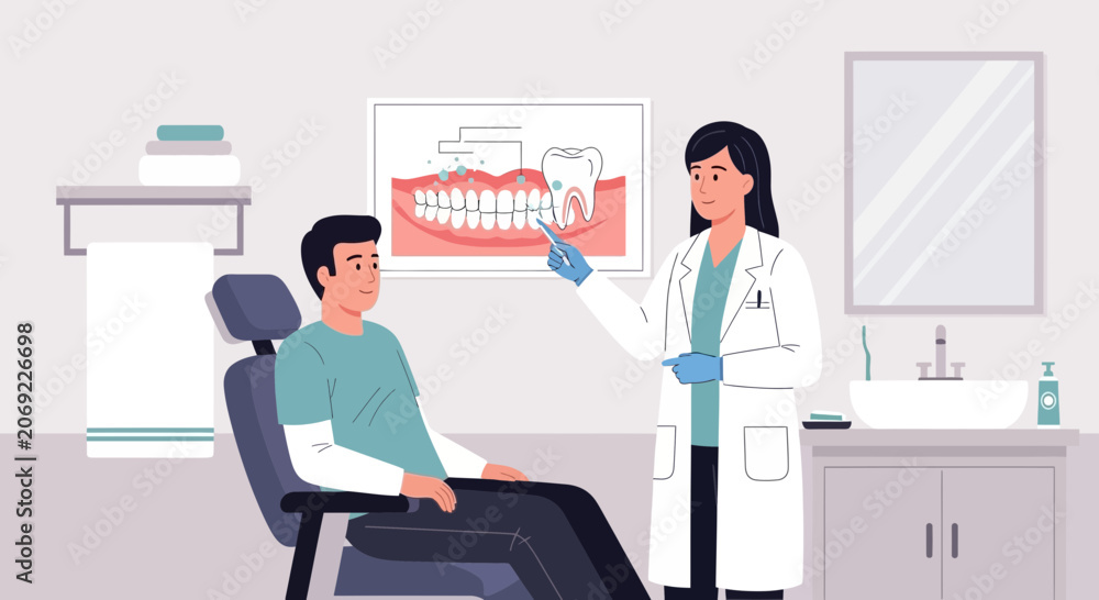 Fototapeta premium Dentist Explaining Dental Hygiene to Patient with Tooth Diagram
