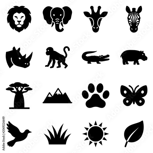 Photography Set of sixteen black animal and nature featuring lion, elephant, giraffe, zebra,